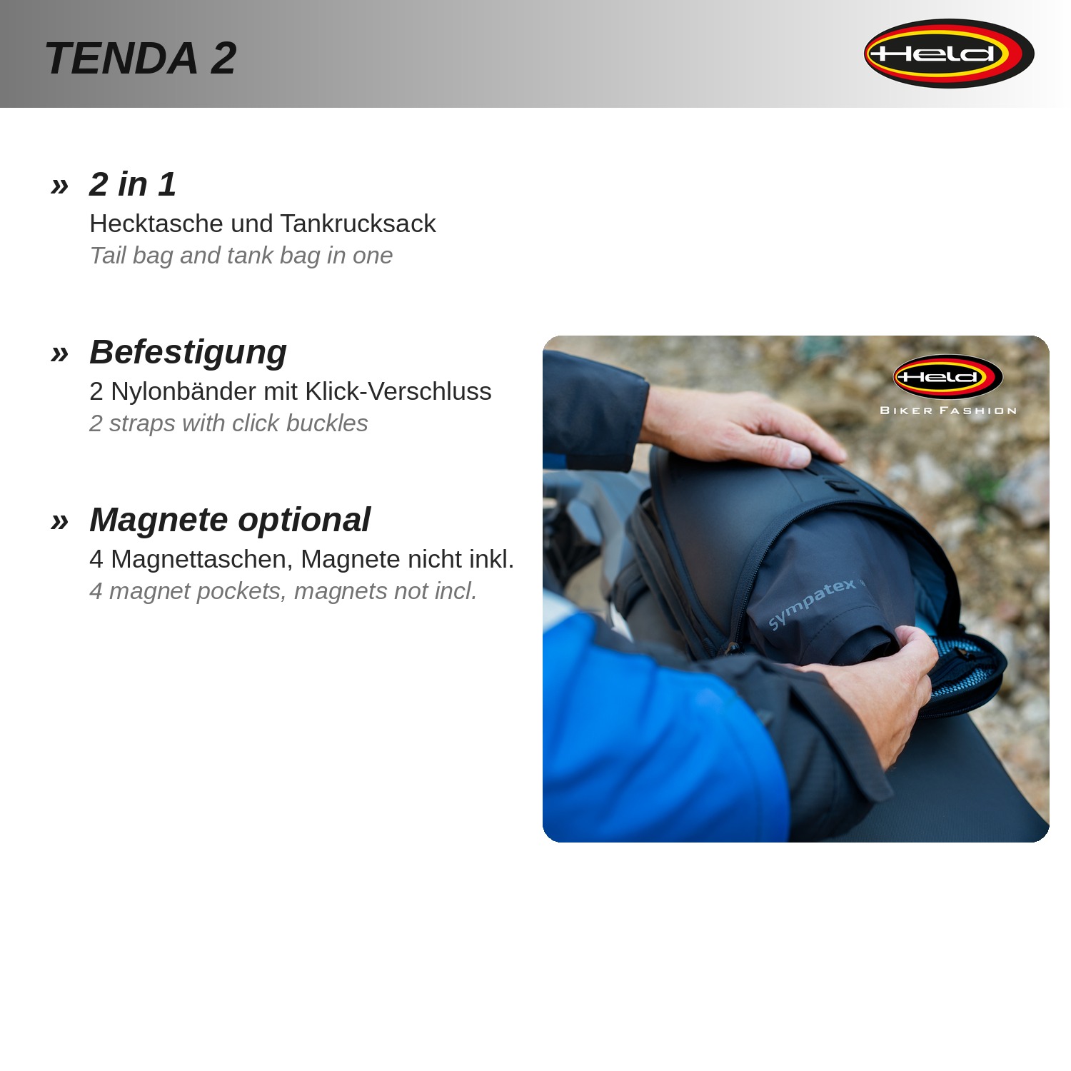 Tenda 2 Sacoche arrière et réservoir